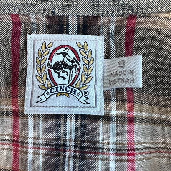 Cinch Button Down Shirt S Mens Western Plaid Brown Red Long Sleeve Embroidered - Picture 8 of 10